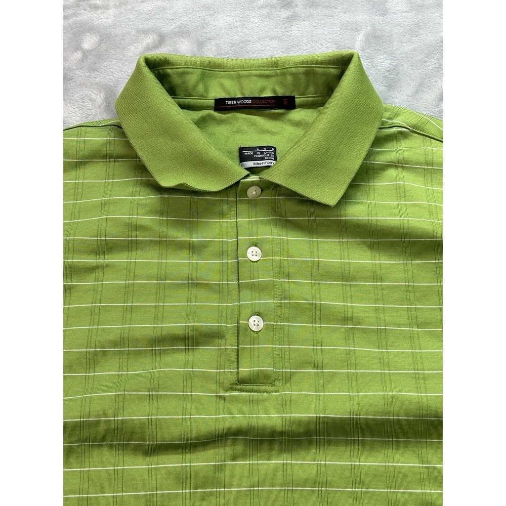 Nike Polo Shirt Y2K Large Green Check Stripe Tiger Woods Collection Dri Fit Golf